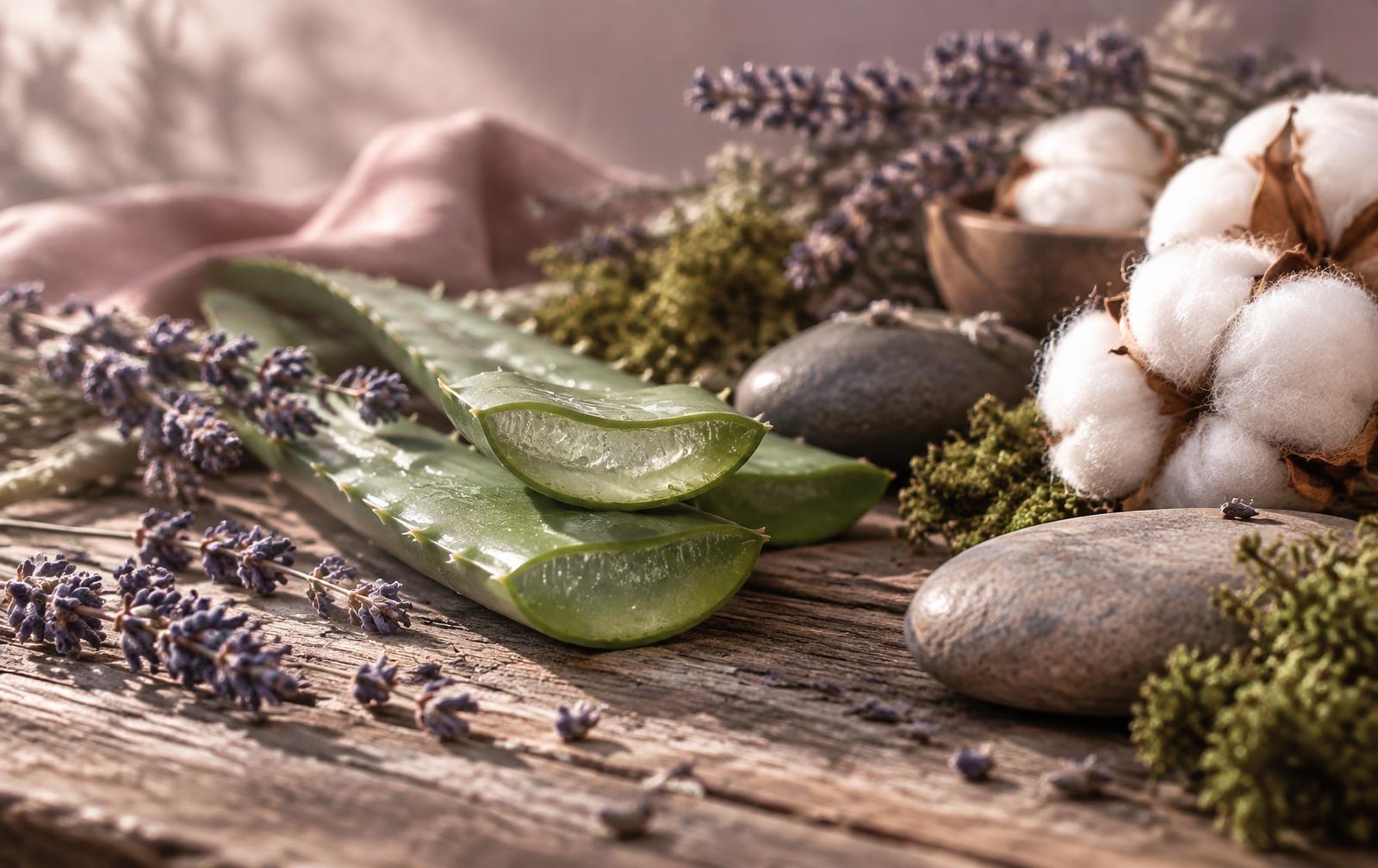 Frische Aloe, Lavendel, Baumwolle und glatte Steine auf rustikalem Holz